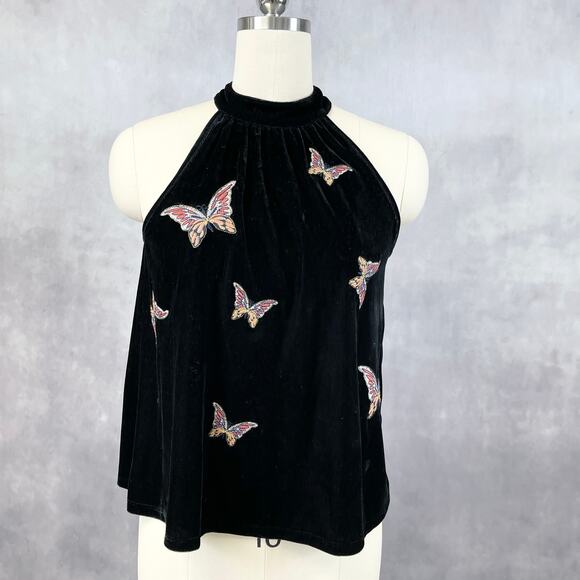 THML Womens Halter Butterfly Velvet Tank Top Black Size M Y2K Emo Goth Grunge - Picture 1 of 12